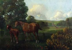 * GEOFFREY MORTIMER (1895-1986) MARE AND FOAL IN LANDSCAPE oil on canvas 19 x 27ins