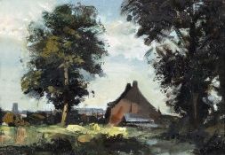 * ROY PETLEY (BORN 1951) NORFOLK RURAL LANDSCAPE WITH COTTAGE AND CHURCH oil on board, signed
