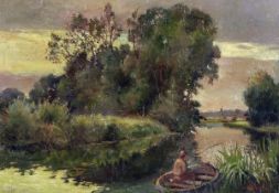 * HORACE W TUCK (1876-1951) FISHERMEN ON A QUIET CORNER OF THE NORFOLK BROADS AT SUNSET oil on