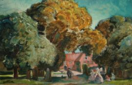 * HORACE W TUCK (1876-1951) FIGURES BEFORE A COUNTRY HOUSE IN SUMMER oil on canvas, signed lower