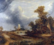 JOSEPH PAUL (1804-1884) RIVER LANDSCAPE WITH BRIDGE, COTTAGE AND CHURCH oil on canvas 24 x 29ins