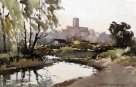 * EDWARD WESSON (1910-1983) GUILDFORD CATHEDRAL, 1969 watercolour, signed lower right 13 x 19 ½ins