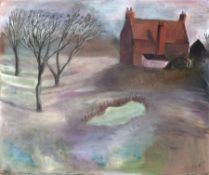* TESSA NEWCOMB (BORN 1955) WINDSWEPT LANDSCAPE WITH POND BY COTTAGE oil on board, monogrammed and