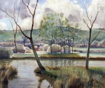 WALTER THOMAS WATLING (19TH/20TH C) RIVER SCENE WITH HARVESTING IN BACKGROUND oil on canvas,
