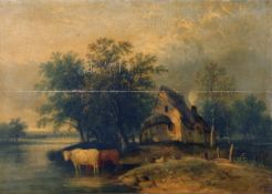 NORWICH SCHOOL (19TH C) NORFOLK LANDSCAPE WITH COTTAGE AND CATTLE oil on panel 13 ½ x 19ins