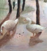 * TESSA NEWCOMB (BORN 1955) TWO GEESE oil on board, monogrammed and dated 2000 lower right 10 ½ x