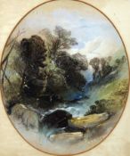 HENRY BRIGHT (1810-1873) WOODLAND STREAM coloured chalks, signed lower left 11 x 9ins oval