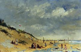 * ROY PETLEY (BORN 1951) BRANCASTER BEACH oil on board, signed lower left 7 ½ x 11ins