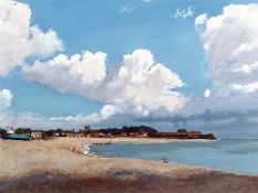 JOHN ROHDA (BORN 1946) ALDEBURGH BEACH TOWARDS THORPE NESS oil on canvas, signed lower right 29 x 39