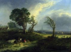 WILLIAM HENRY CROME (1806-1873) LANDSCAPE WITH GYPSY ENCAMPMENT AND DISTANT VIEW OF NORWICH oil on