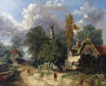 IN THE MANNER OF JOSEPH PAUL (1804-1884) COUNTRY LANE WITH COTTAGE AND FIGURES 24 x 29ins