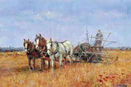 JAMES J ALLEN (CONTEMPORARY) HARVEST WITH THE BINDER, NORFOLK oil on board, signed lower right and