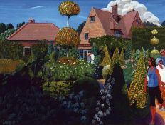 * BRIAN LEWIS (BORN 1947) GARDEN VISIT acrylic on board, signed and dated 2000 lower left 13 x