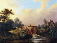 JOHN BERNEY LADBROOKE (1803-1879) RIVER LANDSCAPE WITH FIGURE, CATTLE, SHEEP ON A BRIDGE, COTTAGE