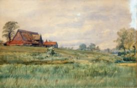 CHARLES HARMONY HARRISON (1842-1902) WATER MEADOWS AND OLD BARN, BARSHAM watercolour, signed lower