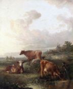 EDWARD ROBERT SMYTHE (1810-1899) CATTLE GRAZING IN LANDSCAPE WITH WINDMILL TO DISTANCE oil on