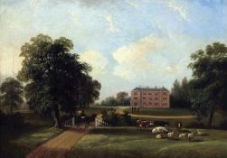 CIRCLE OF JOHN CONSTABLE, RA (1776-1837) LANDSCAPE WITH COUNTRY HOUSE, FIGURES, HORSE AND CART,