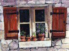 * JEREMY BARLOW, AROI (BORN 1945) FRENCH WINDOW WITH PLANTS oil on board, signed lower left 6 ½ x
