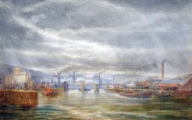 CHARLES HARMONY HARRISON (1842-1902) SHIPPING IN THE ESTUARY, SWANSEA DOCKS watercolour, signed