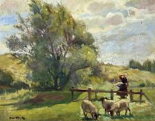 * HORACE W TUCK (1876-1951) SHEPHERDESS WITH SHEEP IN A HILLY LANDSCAPE oil on canvas, signed