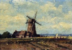 * ROY PETLEY (BORN 1951) NORFOLK WINDMILL oil on canvas, signed lower left 8 ½ x 12ins