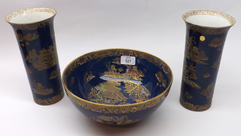 A Carlton Ware Blue Mikado Round Pedestal Bowl, 9” diameter; together with a matching pair of flared