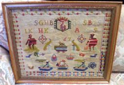 A Framed Woolwork Sampler, decorated with geometric border, various animal, boating and other motifs