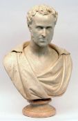 A large 19th Century Marble Bust of a middle-aged gent in robes, raised on a round foot, bears