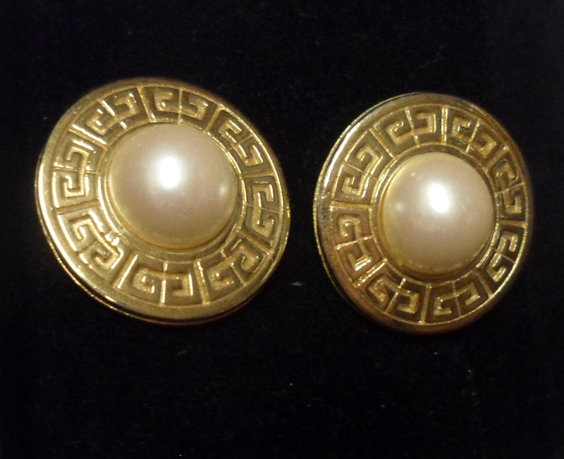A pair of Givenchy gilt metal and “pearl” centred Earrings with Grecian key engraved outers, 32mm