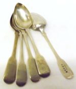A Mixed Lot: five George III and Victorian Fiddle pattern Dessert Spoons, various dates and