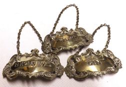 A group of three Victorian Silver Plated Decanter Labels, “Rum,”, “Brandy” and “Gin”, approx 2 ½”