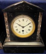 A late 19th Century Black Slate and Variegated Marble Mantel Timepiece, the architectural case