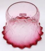 A Cranberry and clear glass frilled Oil Lamp Shade, 8” diameter