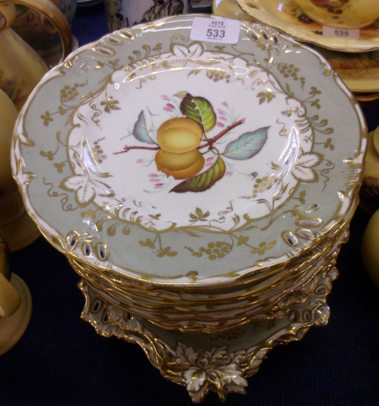 A 19th Century Ridgways part Dessert Service, each piece decorated with a central design of fruit to