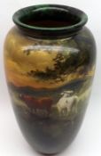 A large tapering wide-necked Doulton Vase, decorated with a Highland scene with cattle at riverside,