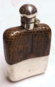 A small Crocodile Skin and Silver Plated Mounted Hip Flask with hinged lid, produced by Hawksley