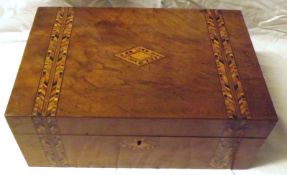 A Walnut Writing Box, central vacant parquetry nameplate, flanked on either side by parquetry