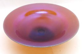 A 20th Century Purple Iridescent Glass Tazza, possibly of Whitefriars manufacture, 11 ¼” diameter