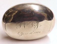 An Edward VII Tobacco Pebble of typical form with hinged central lid, inscribed “PJVJ June 10th