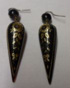 A pair of Victorian Tortoiseshell and Gold Piqué Work torpedo drop Earrings, 54mm drop