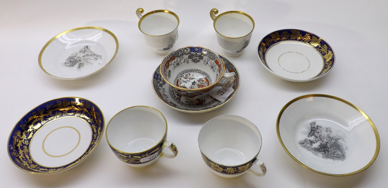 A Mixed Lot comprising: two English 19th Century Gilt Bordered Cups and Saucers, decorated with