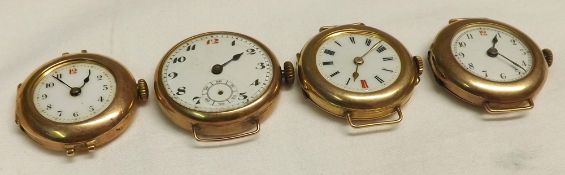 A packet of four early 20th Century Ladies 9ct Gold Cased Wristwatches (no bracelets), conditions