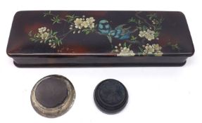 A Mixed Lot: two Vintage Pin Cushions and a further Rectangular Lacquered Box, decorated with