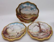 Three Caverswall Hunting Plates, decorated by M Bates, titled “Full Cry”, “Shooting” and “The