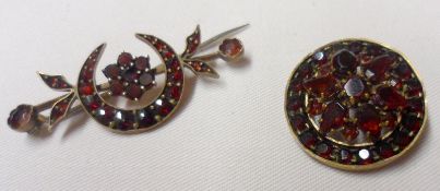 Two Victorian Garnet Set Brooches, one of bar and crescent form; the other circular (2)