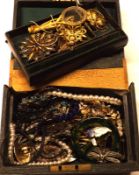 A small Vintage Jewellery Box containing an assortment of various Costume Necklaces, Brooches etc