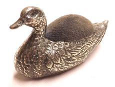 An Edward VII Novelty Pin Cushion, in the form of a duck, Birmingham 1906, 2” long, Makers Mark LL