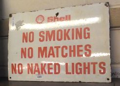 A Vintage Shell Enamelled Sign with Shell logo and inscribed “No Smoking No Matches No Naked