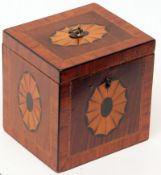 A Sheraton style Mahogany Tea Caddy of plain rectangular form, crossbanded and herringbone strung