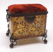 A late 19th/early 20th Century Small Rectangular Amber Glass Casket, with hinged plush-lined lid,